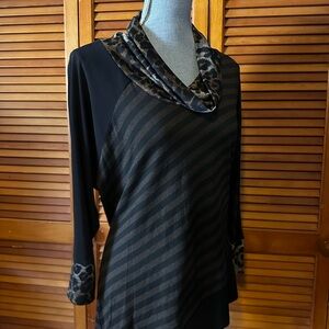 Joseph Ribkoff Asymmetrical Stripe Cowl Neck Top with Leopard Accents